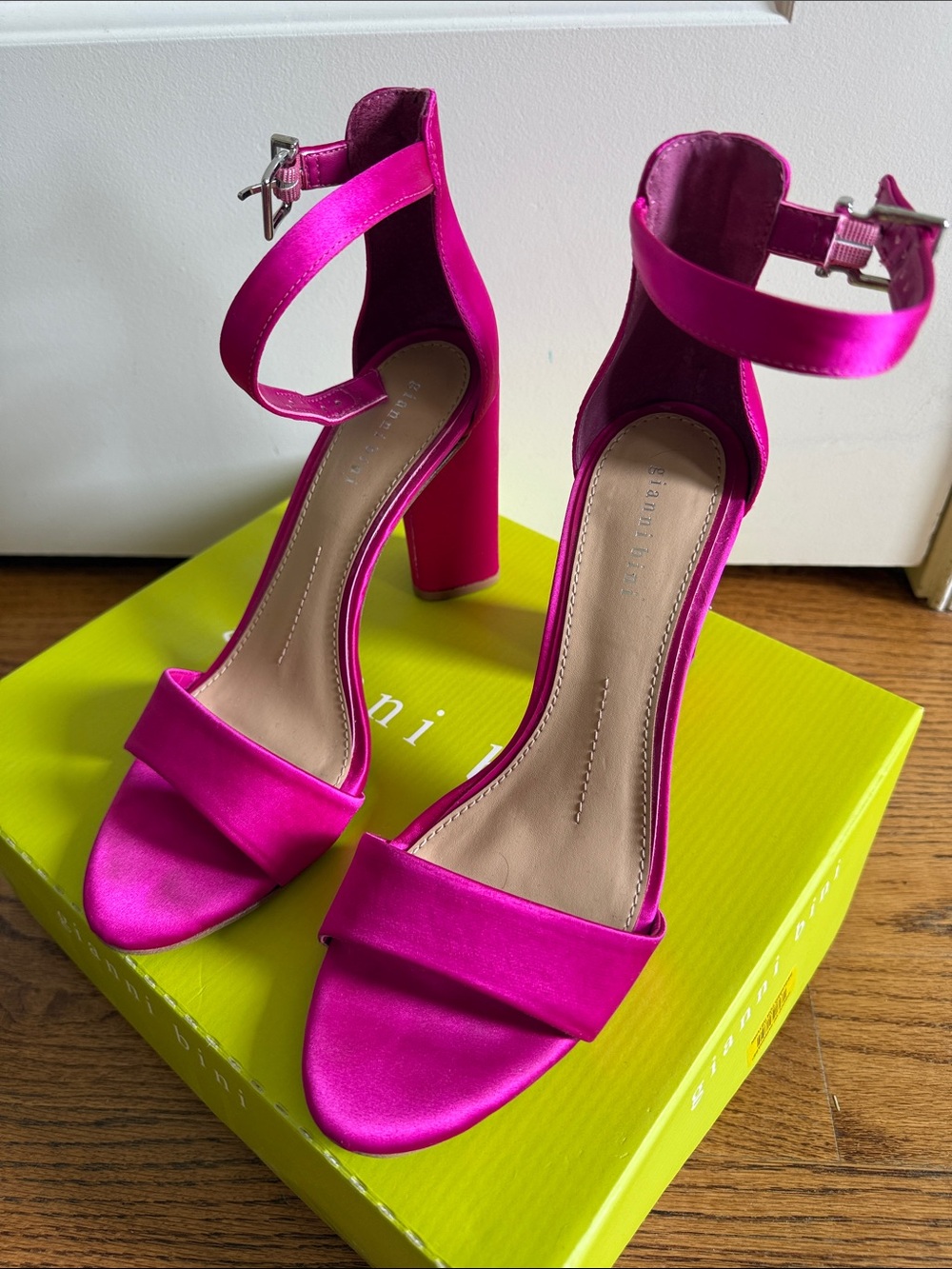 Gianni Bini Neon Pink Satin Heeled Sandals - Picture 2 of 10